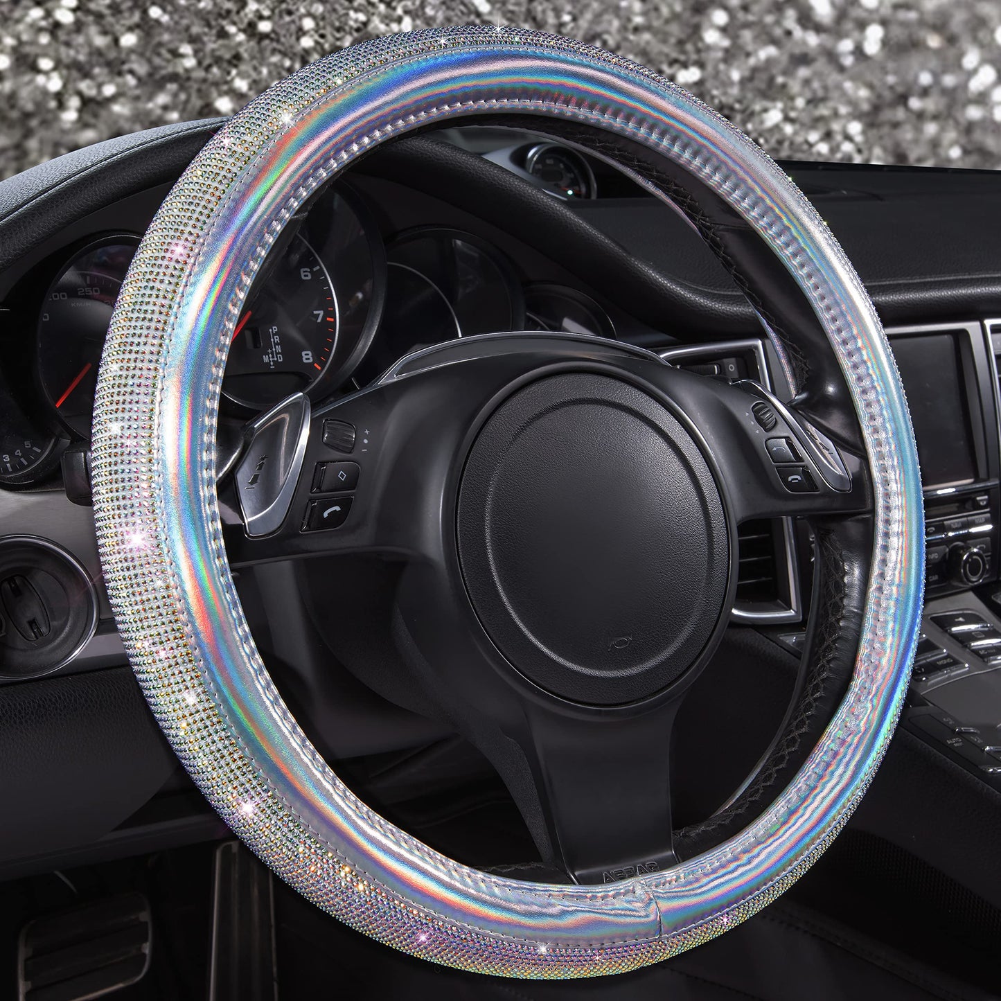 CAR PASS Bling Diamond Leather Steering Wheel Cover, With Sparkly Crystal Glitter Rhinestones Universal Fit 14"1/2-15" Car Wheel Protector for Women Girl Fit Suvs,Vans,Sedans,Car,Trucks, Black Diamond