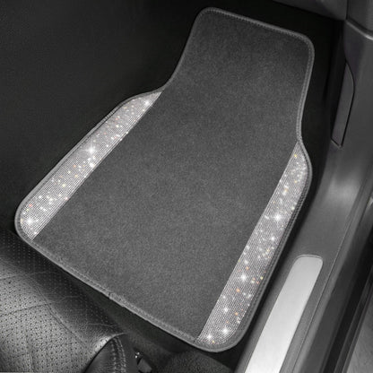 CAR PASS Bling Diamond Car Floor Mats, Shining Rhinestone Carpet Sparkly Glitter Crystal with Anti-Slip PVC Heel Pad Waterproof Universal Fit Automotive SUV,Sedan,Van,Cute Girl Women,4pcs Black Sliver