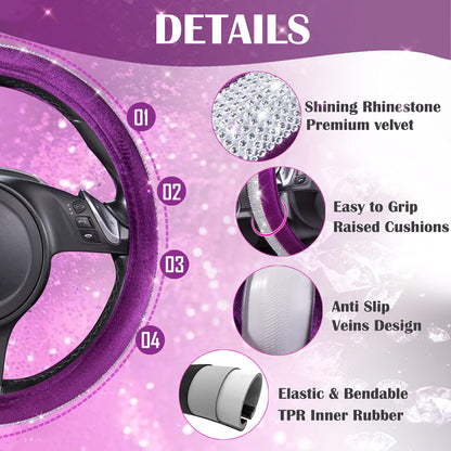 CAR PASS Bling Diamond Leather Steering Wheel Cover, With Sparkly Crystal Glitter Rhinestones Universal Fit 14"1/2-15" Car Wheel Protector for Women Girl Fit Suvs,Vans,Sedans,Car,Trucks, Black Diamond