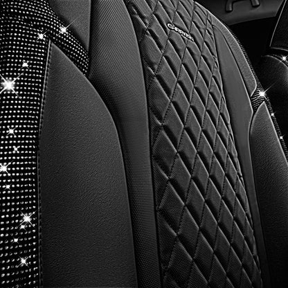 CAR Pass Bling Car Seat Covers, Microfiber Nappa Leather Luxury Cushioned, Waterproof Heavy-Duty Anti-Slip Universal Fit for Auto SUV Sedan,Sparkly Glitter Shining Rhinestone Full Set, Black Diamond