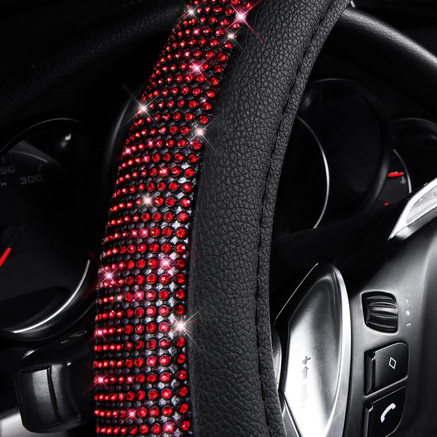 CAR PASS Bling Diamond Leather Steering Wheel Cover, With Sparkly Crystal Glitter Rhinestones Universal Fit 14"1/2-15" Car Wheel Protector for Women Girl Fit Suvs,Vans,Sedans,Car,Trucks, Black Diamond