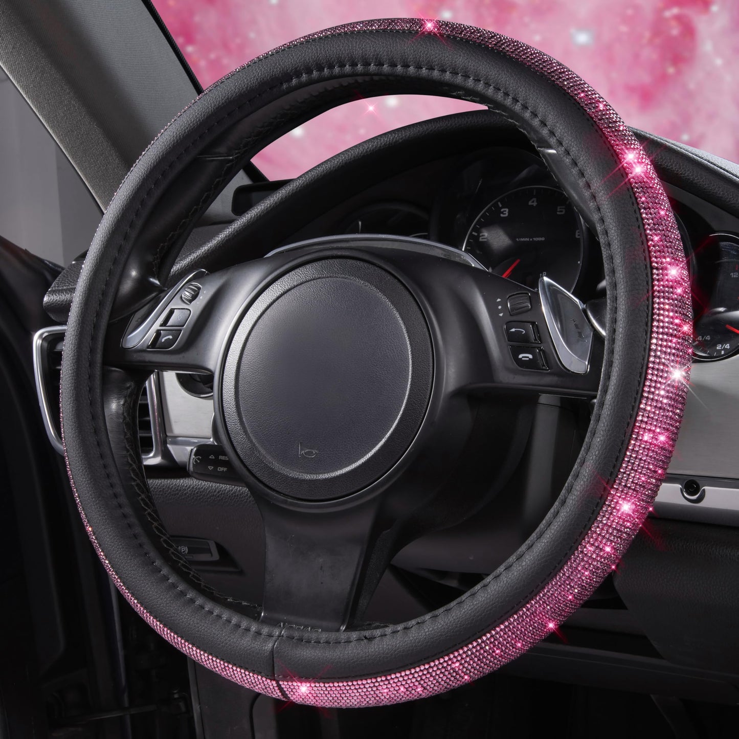 CAR PASS 7 PCS Bling Car Accessories for Women, Sparkly Rhinestone Diamond Steering Wheel Cover, Bling Seat Belt Cushion, Glitter Shift Knob Cover, Car Cup Holder Coaster, Cute Interior Sets Silver