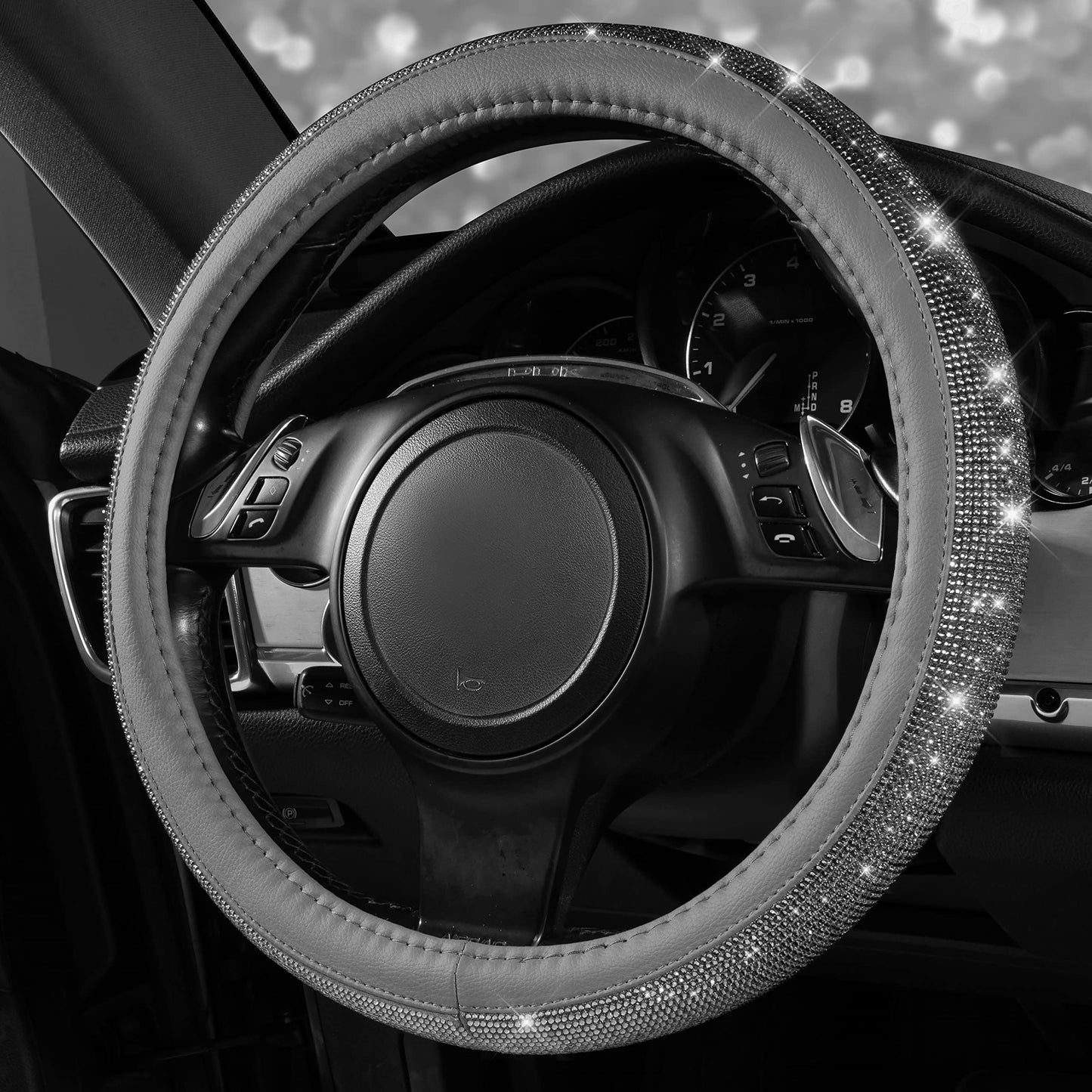 CAR PASS Bling Diamond Leather Steering Wheel Cover, With Sparkly Crystal Glitter Rhinestones Universal Fit 14"1/2-15" Car Wheel Protector for Women Girl Fit Suvs,Vans,Sedans,Car,Trucks, Black Diamond