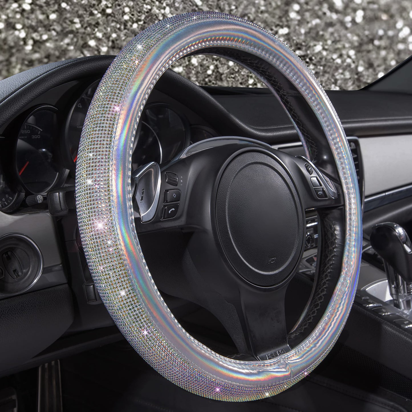 CAR PASS Bling Diamond Leather Steering Wheel Cover, With Sparkly Crystal Glitter Rhinestones Universal Fit 14"1/2-15" Car Wheel Protector for Women Girl Fit Suvs,Vans,Sedans,Car,Trucks, Black Diamond