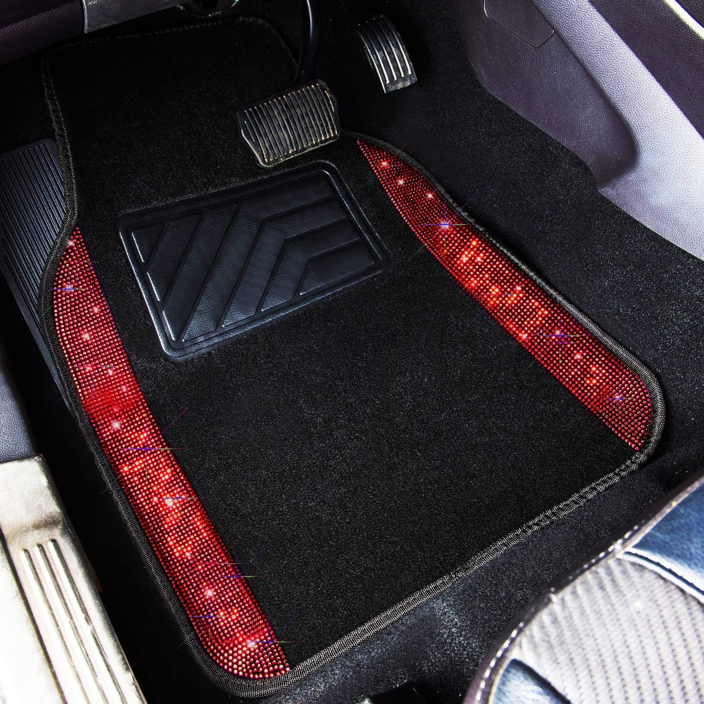 CAR PASS Bling Diamond Car Floor Mats, Shining Rhinestone Carpet Sparkly Glitter Crystal with Anti-Slip PVC Heel Pad Waterproof Universal Fit Automotive SUV,Sedan,Van,Cute Girl Women,4pcs Black Sliver