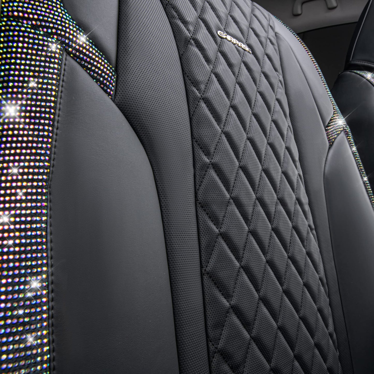 CAR Pass Bling Car Seat Covers, Microfiber Nappa Leather Luxury Cushioned, Waterproof Heavy-Duty Anti-Slip Universal Fit for Auto SUV Sedan,Sparkly Glitter Shining Rhinestone Full Set, Black Diamond