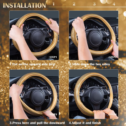 CAR PASS Bling Diamond Leather Steering Wheel Cover, With Sparkly Crystal Glitter Rhinestones Universal Fit 14"1/2-15" Car Wheel Protector for Women Girl Fit Suvs,Vans,Sedans,Car,Trucks, Black Diamond