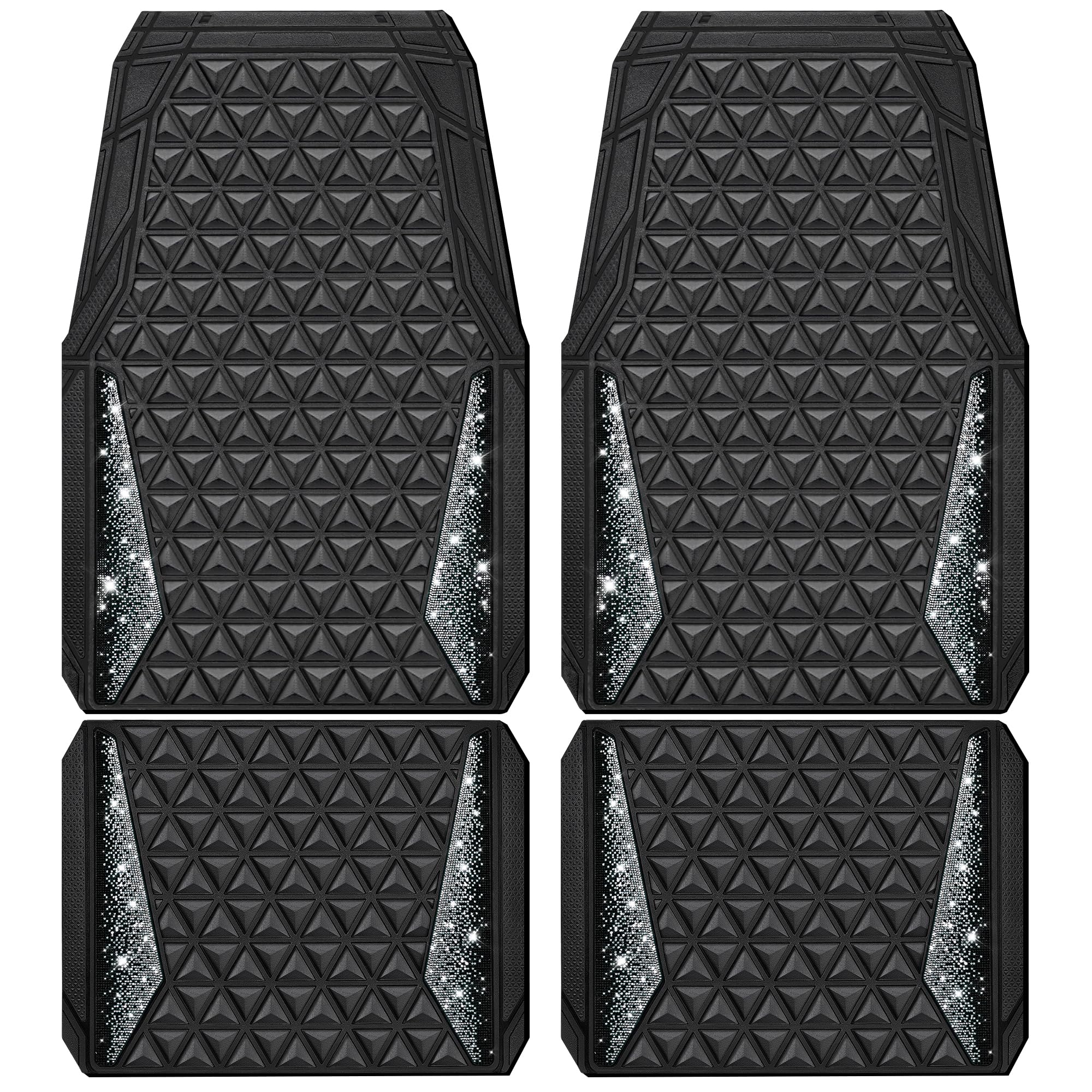 CAR PASS Bling Car Mats Diamond Rubber Floor Mats Full Set Anti-Slip 3D Rhombus Waterproof Trim to Fit Liner Universal Glitter Crystal Sparkly Shining Rhinestone Girl Women SUV Sedan Van, Black Silver