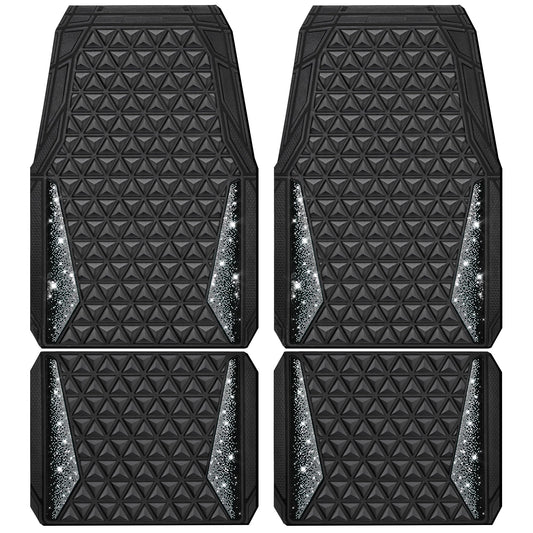 CAR PASS Bling Car Mats Diamond Rubber Floor Mats Full Set Anti-Slip 3D Rhombus Waterproof Trim to Fit Liner Universal Glitter Crystal Sparkly Shining Rhinestone Girl Women SUV Sedan Van, Black Silver