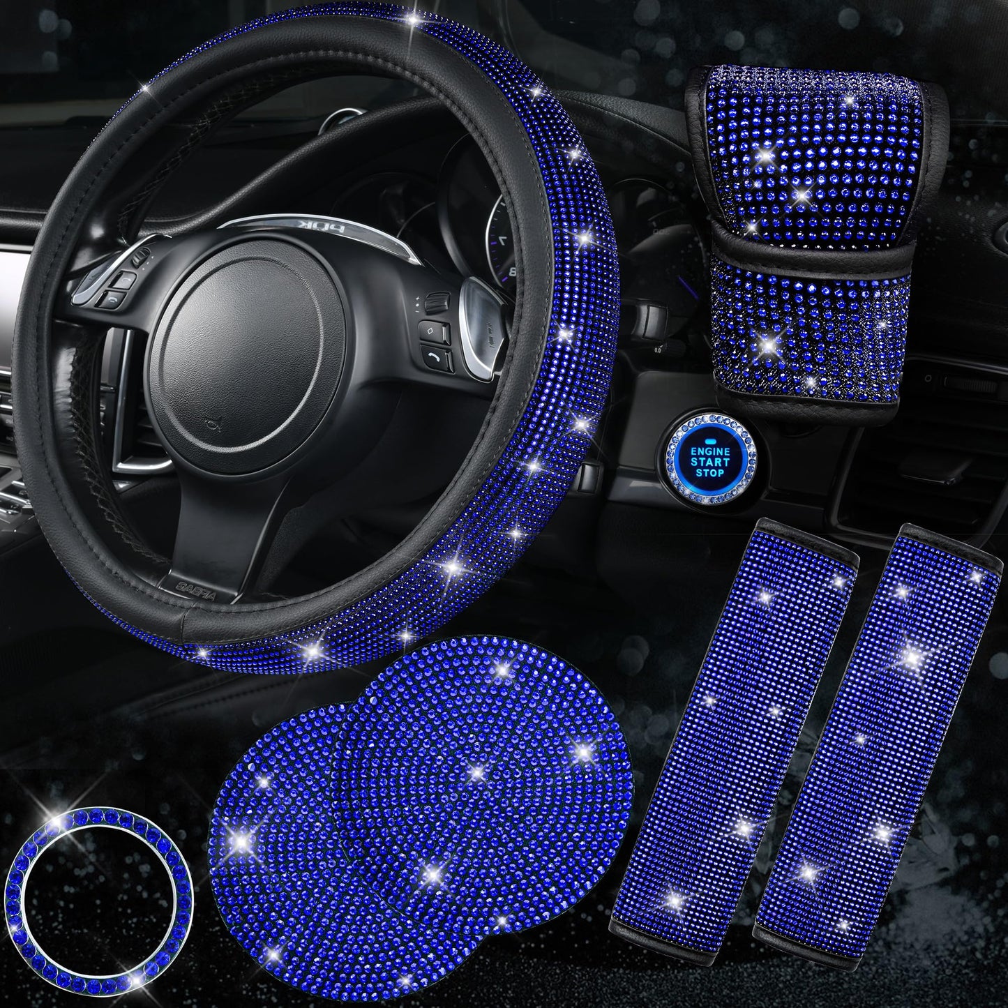 CAR PASS 7 PCS Bling Car Accessories for Women, Sparkly Rhinestone Diamond Steering Wheel Cover, Bling Seat Belt Cushion, Glitter Shift Knob Cover, Car Cup Holder Coaster, Cute Interior Sets Silver