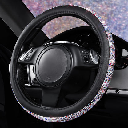 CAR PASS Bling Diamond Leather Steering Wheel Cover, With Sparkly Crystal Glitter Rhinestones Universal Fit 14"1/2-15" Car Wheel Protector for Women Girl Fit Suvs,Vans,Sedans,Car,Trucks, Black Diamond