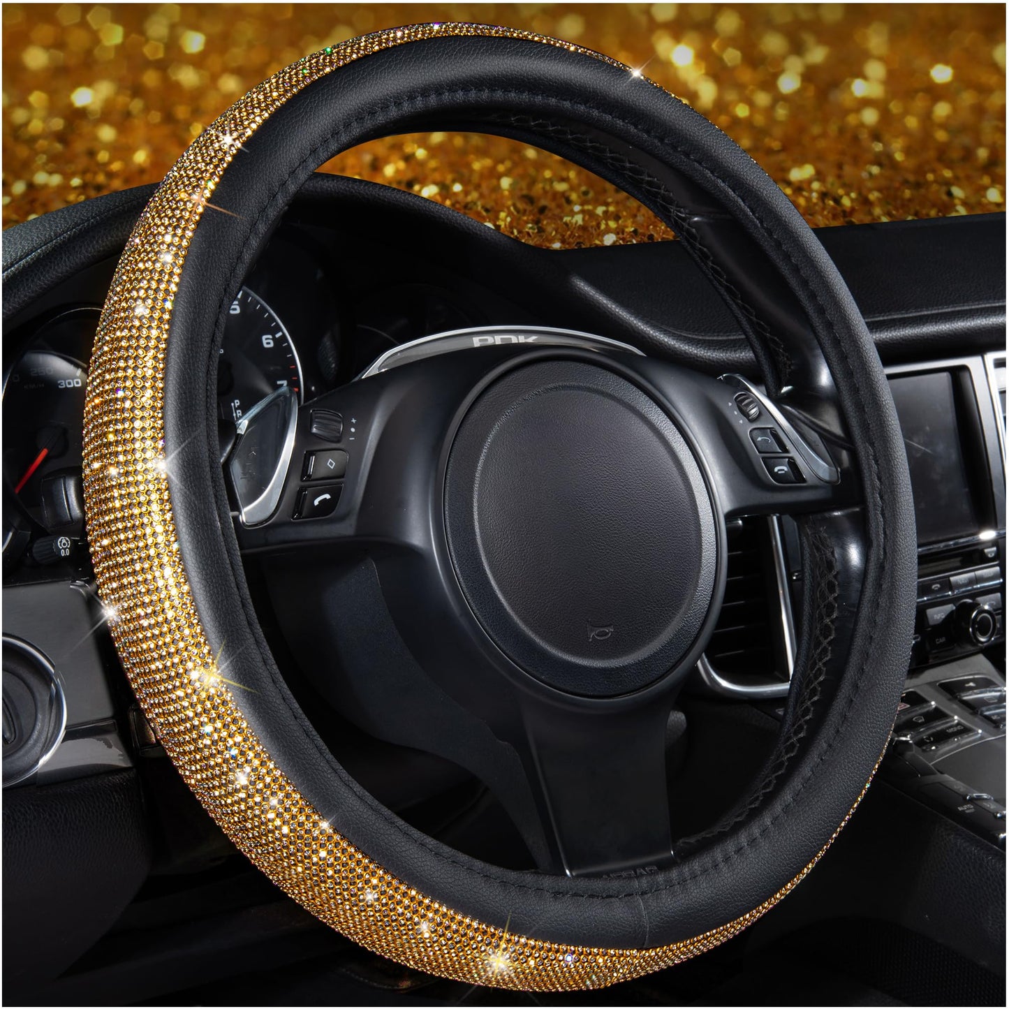 CAR PASS Bling Diamond Leather Steering Wheel Cover, With Sparkly Crystal Glitter Rhinestones Universal Fit 14"1/2-15" Car Wheel Protector for Women Girl Fit Suvs,Vans,Sedans,Car,Trucks, Black Diamond