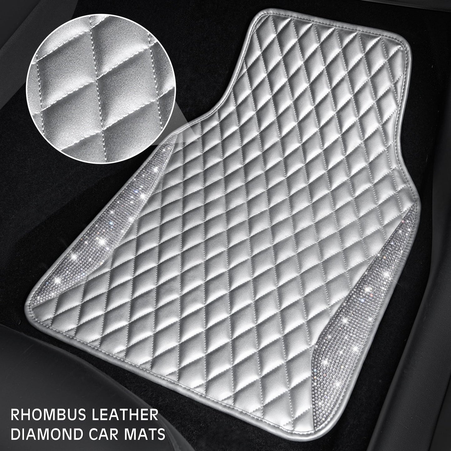 CAR PASS Bling Leather Car Mats Shining Diamond Floor Mats Sparkly Glitter Crystal Rhinestones Carpet Anti-Slip Waterproof Pad Universal Fit for Automotive SUV, Sedan, Van, 5pcs for Girl Women Black