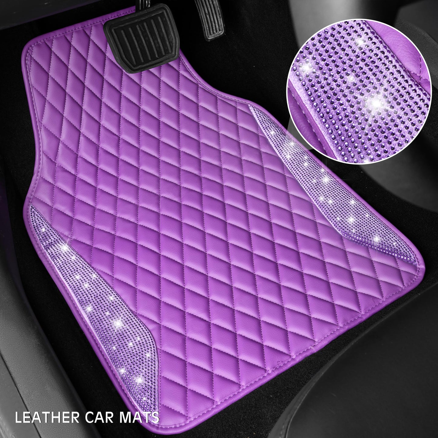 CAR PASS Bling Leather Car Mats Shining Diamond Floor Mats Sparkly Glitter Crystal Rhinestones Carpet Anti-Slip Waterproof Pad Universal Fit for Automotive SUV, Sedan, Van, 5pcs for Girl Women Black