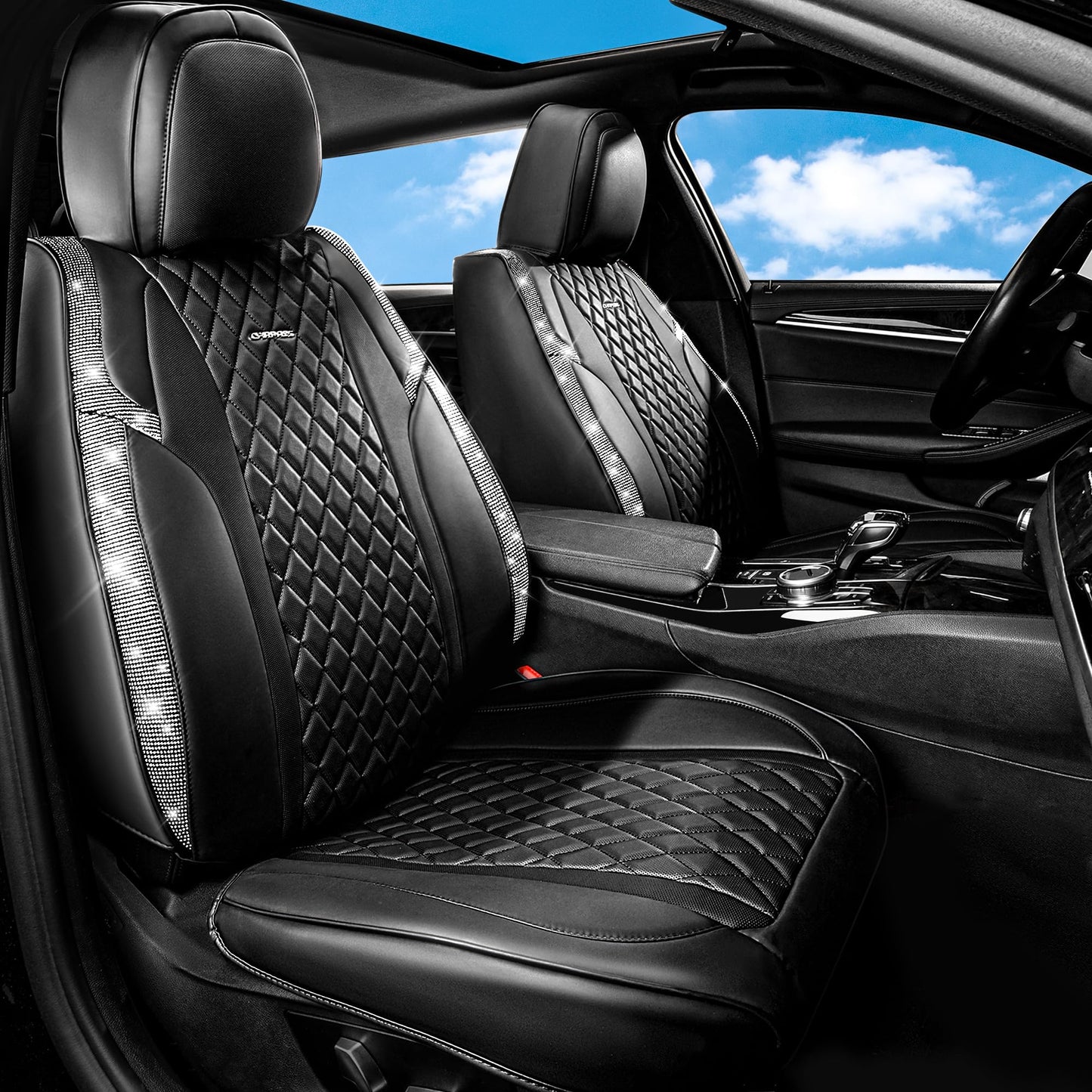 CAR Pass Bling Car Seat Covers, Microfiber Nappa Leather Luxury Cushioned, Waterproof Heavy-Duty Anti-Slip Universal Fit for Auto SUV Sedan,Sparkly Glitter Shining Rhinestone Full Set, Black Diamond