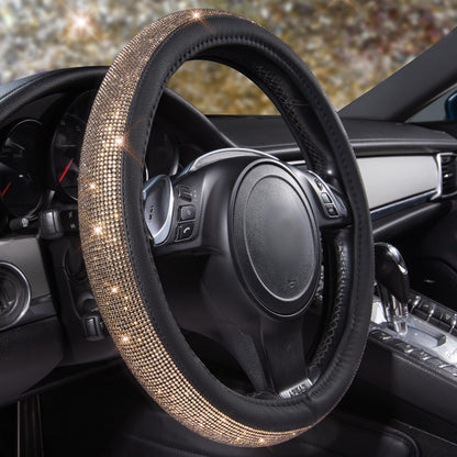 CAR PASS Bling Diamond Leather Steering Wheel Cover, With Sparkly Crystal Glitter Rhinestones Universal Fit 14"1/2-15" Car Wheel Protector for Women Girl Fit Suvs,Vans,Sedans,Car,Trucks, Black Diamond