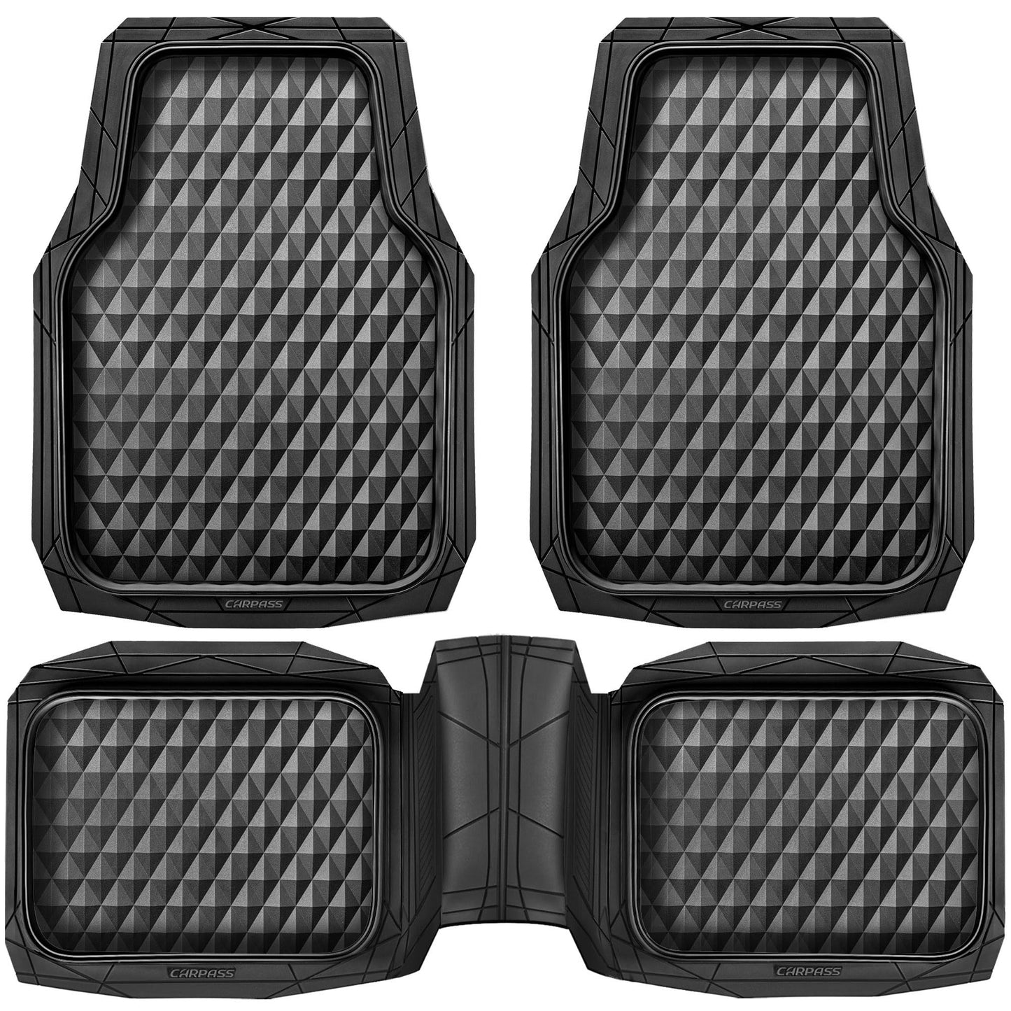 CAR PASS Heavy Duty Rubber Car Mats, Deep Dish All-Weather Floor Mat for Car Full Set Durable Anti-Slip 3D Rhombus Waterproof Trim to Fit Liner Universal Fit Automotive,Sedan,SUV,Truck, 3 Piece Black