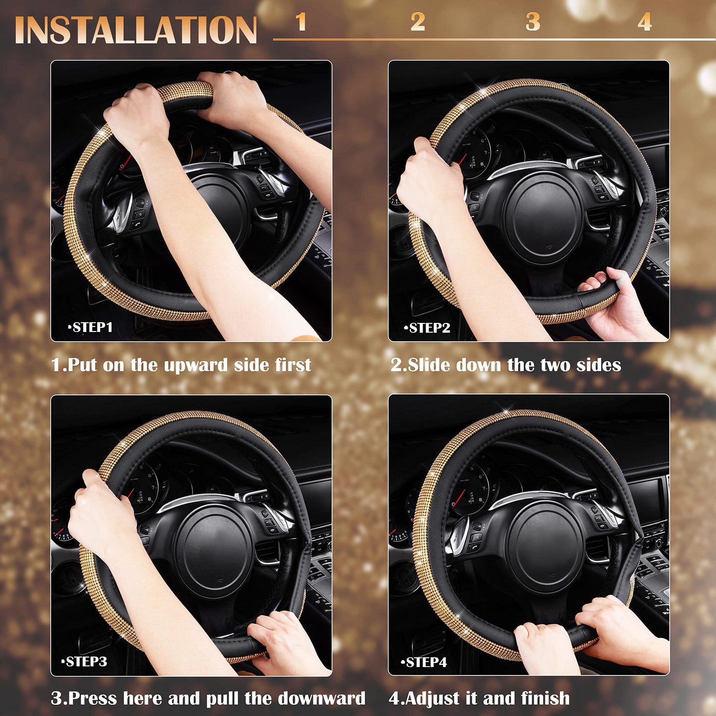 CAR PASS Bling Diamond Leather Steering Wheel Cover, With Sparkly Crystal Glitter Rhinestones Universal Fit 14"1/2-15" Car Wheel Protector for Women Girl Fit Suvs,Vans,Sedans,Car,Trucks, Black Diamond