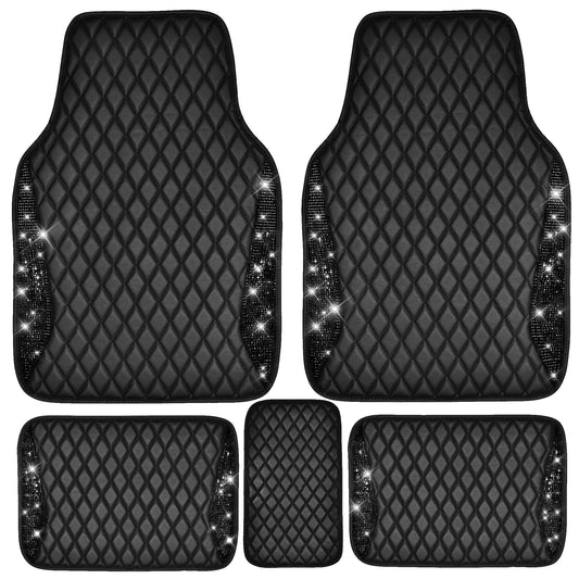 CAR PASS Bling Leather Car Mats Shining Diamond Floor Mats Sparkly Glitter Crystal Rhinestones Carpet Anti-Slip Waterproof Pad Universal Fit for Automotive SUV, Sedan, Van, 5pcs for Girl Women Black