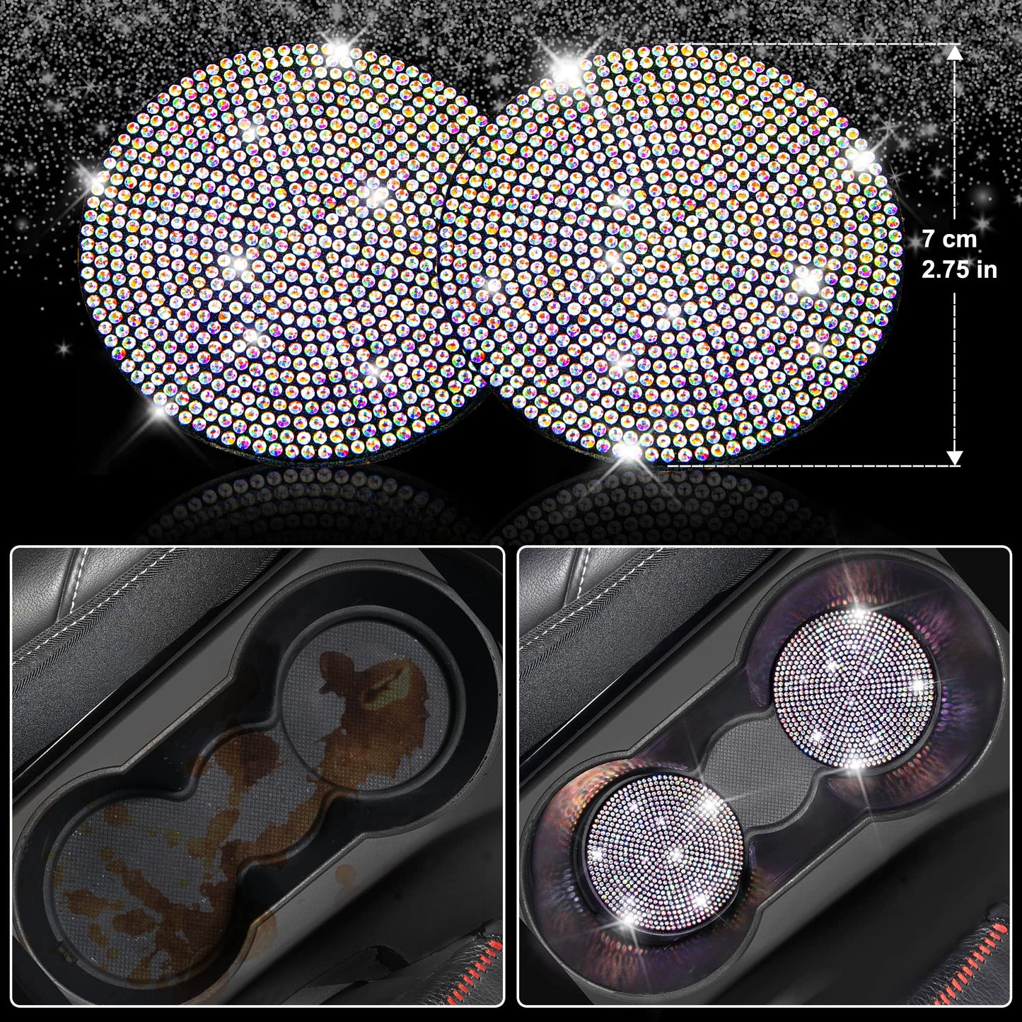 CAR PASS 7 PCS Bling Car Accessories for Women, Sparkly Rhinestone Diamond Steering Wheel Cover, Bling Seat Belt Cushion, Glitter Shift Knob Cover, Car Cup Holder Coaster, Cute Interior Sets Silver