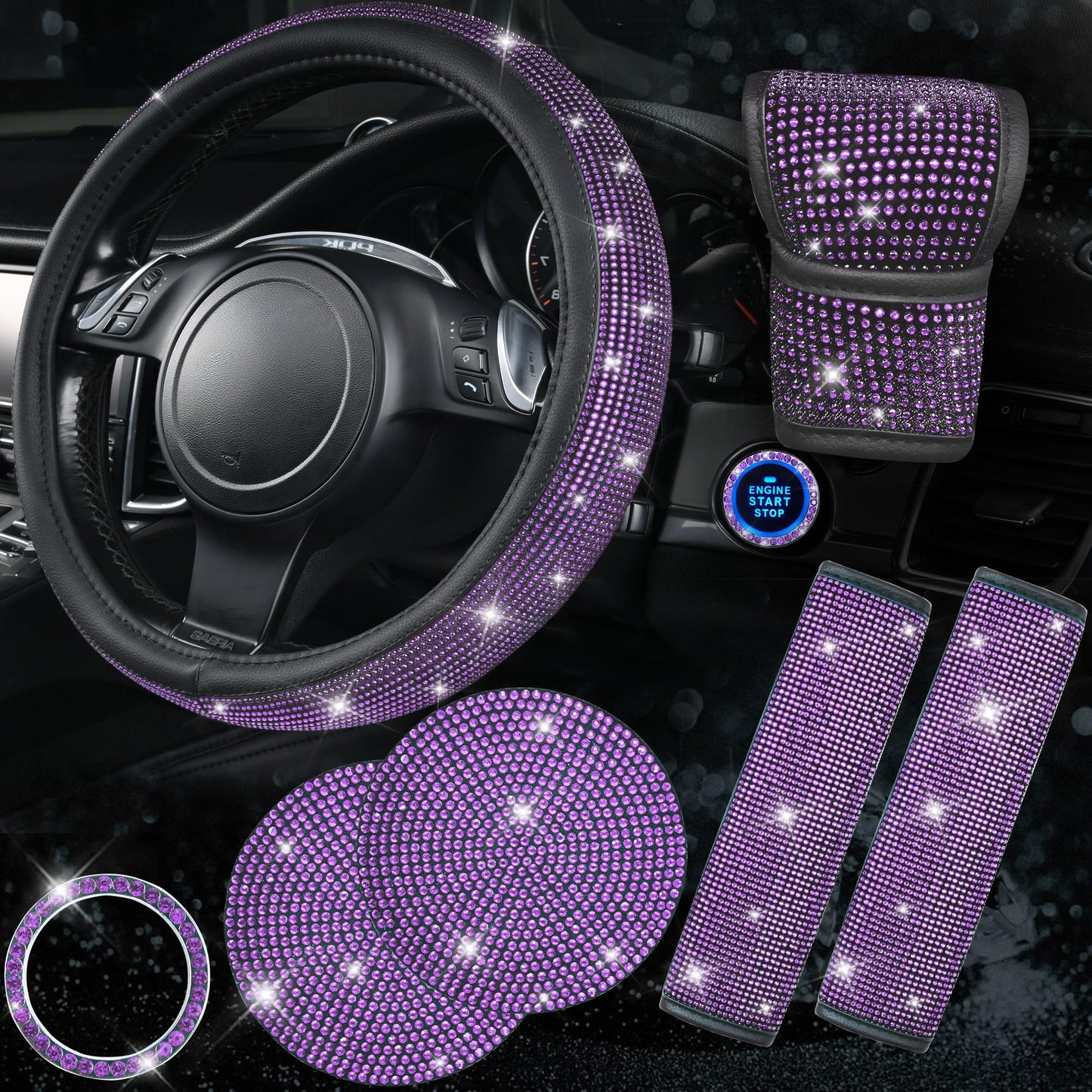 CAR PASS 7 PCS Bling Car Accessories for Women, Sparkly Rhinestone Diamond Steering Wheel Cover, Bling Seat Belt Cushion, Glitter Shift Knob Cover, Car Cup Holder Coaster, Cute Interior Sets Silver