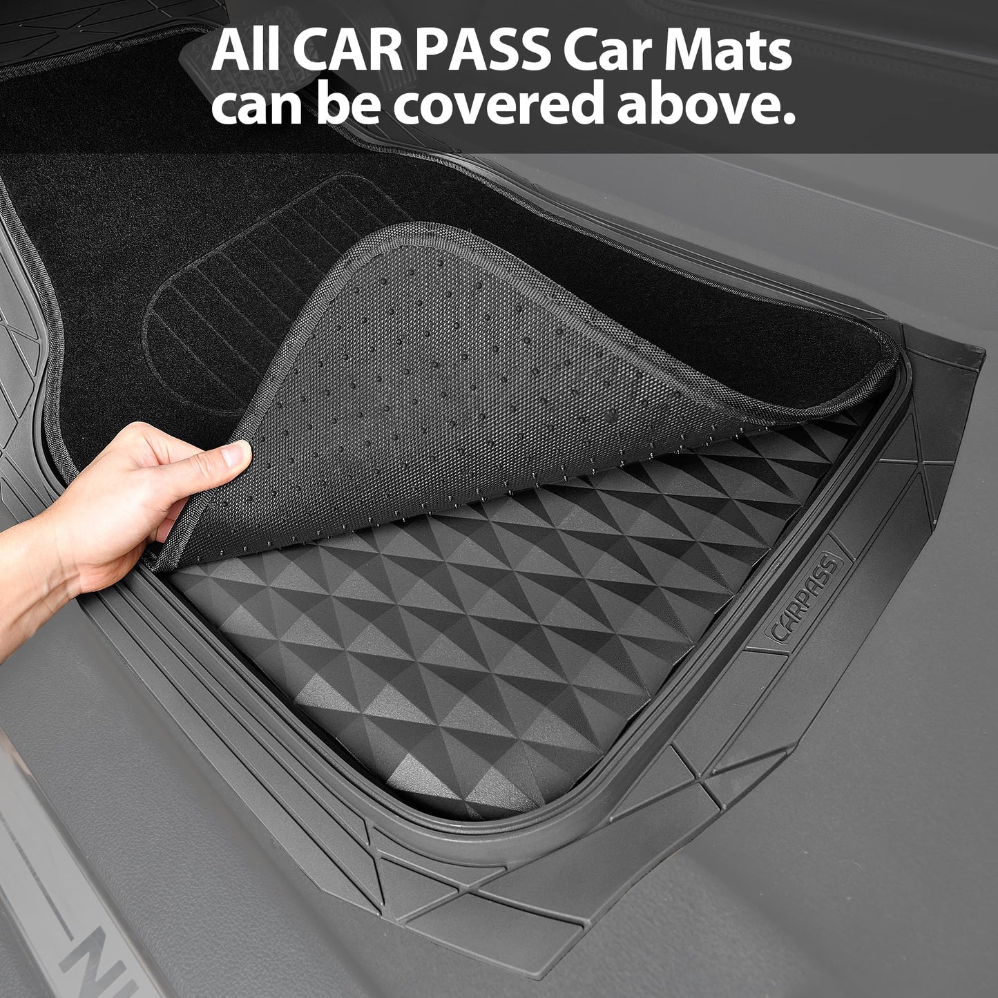 CAR PASS Heavy Duty Rubber Car Mats, Deep Dish All-Weather Floor Mat for Car Full Set Durable Anti-Slip 3D Rhombus Waterproof Trim to Fit Liner Universal Fit Automotive,Sedan,SUV,Truck, 3 Piece Black