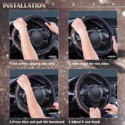 CAR PASS Bling Diamond Leather Steering Wheel Cover, With Sparkly Crystal Glitter Rhinestones Universal Fit 14"1/2-15" Car Wheel Protector for Women Girl Fit Suvs,Vans,Sedans,Car,Trucks, Black Diamond