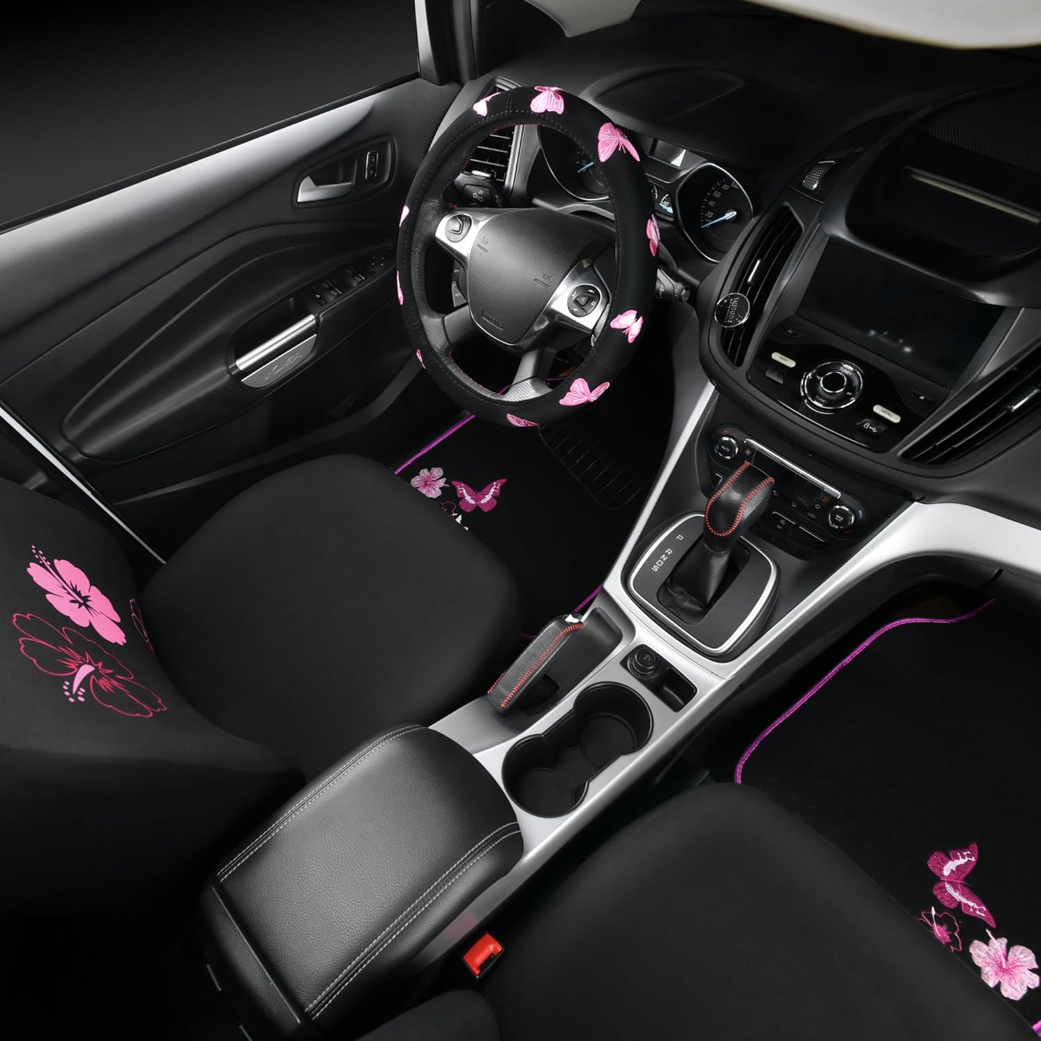 CAR PASS Embroidery Butterfly and Flower Car Floor Mats, Pink Car Floor Mats Universal Fit 95% Automotive,SUVS,Sedan,Vans,for Cute Women,Girly,Set of 4
