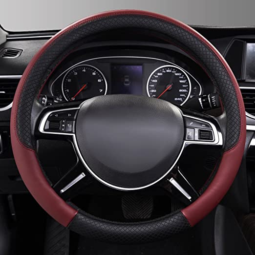 Rainbow Steering Wheel Cover with PVC Leather Universal Fits for Truck,SUV,Cars-Sporty Rhombus Embossing / Black Burgundy