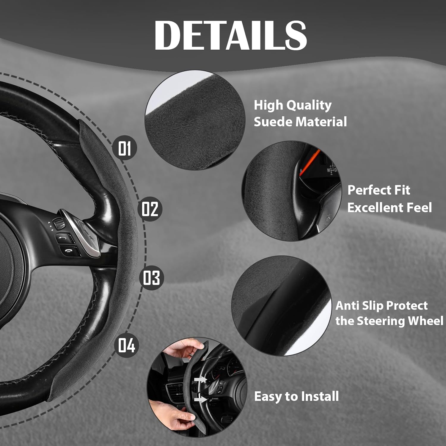 CAR PASS Carbon Fiber Steering Wheel Cover, Segmented Wheel Protector Non-Slip Sporty Car Accessories, Universal Fit for D-Shape O-Shape 14.5