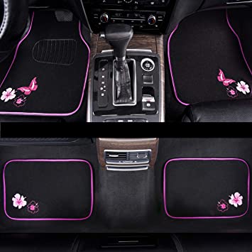 Embroidery Butterfly and Flower Universal Fit Car Floor Mats, Fit for Suvs,Sedans,Trucks,Cars, Set of 4-Pink Butterfly Flower