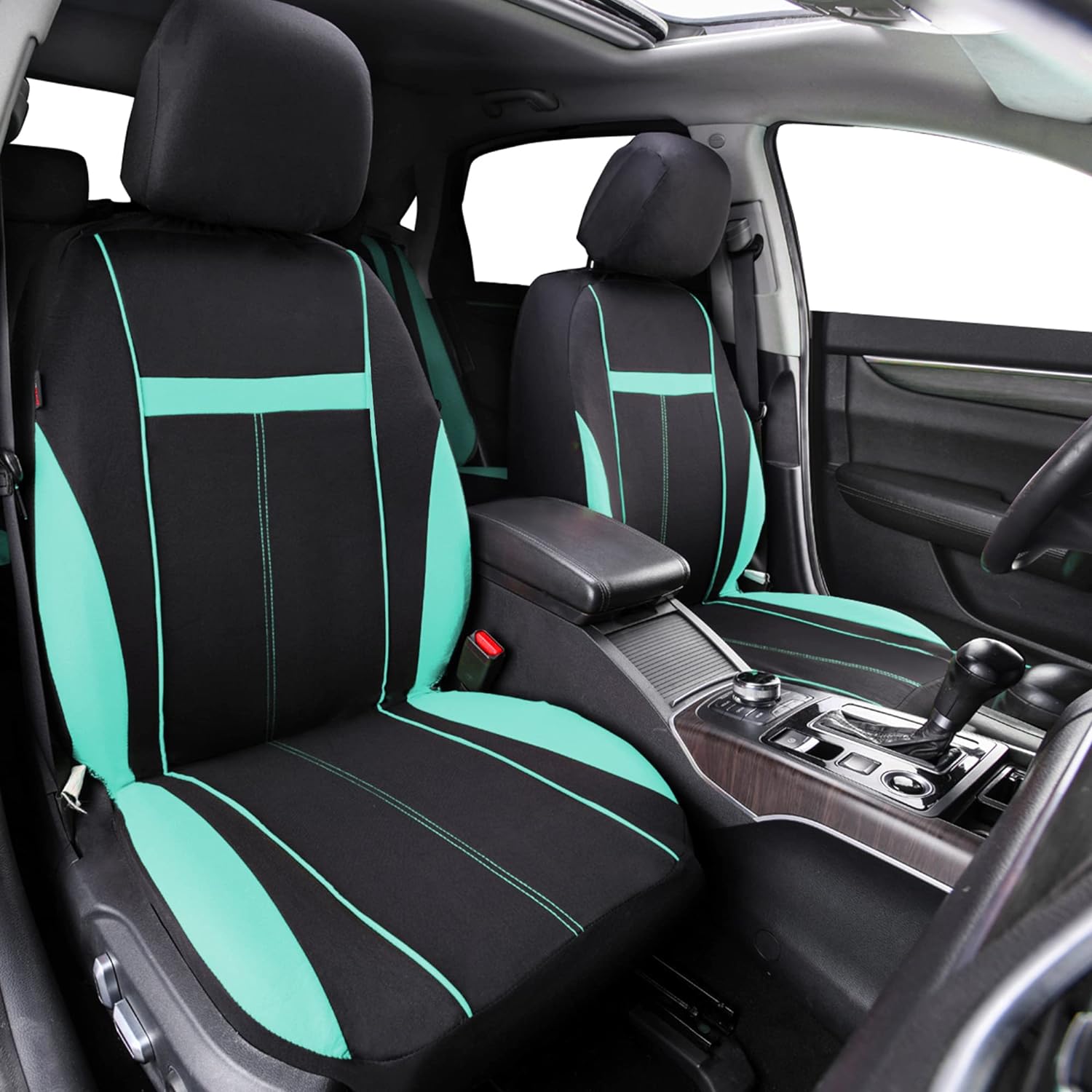 CAR PASS Line Rider Microfiber Leather Sporty Steering Wheel Cover and Sporty Cloth Full Set Car Seat Covers,Fits for 95% Truck,SUV,Cars, Anti-Slip Safety Comfortable Desgin (Black Mint Blue)
