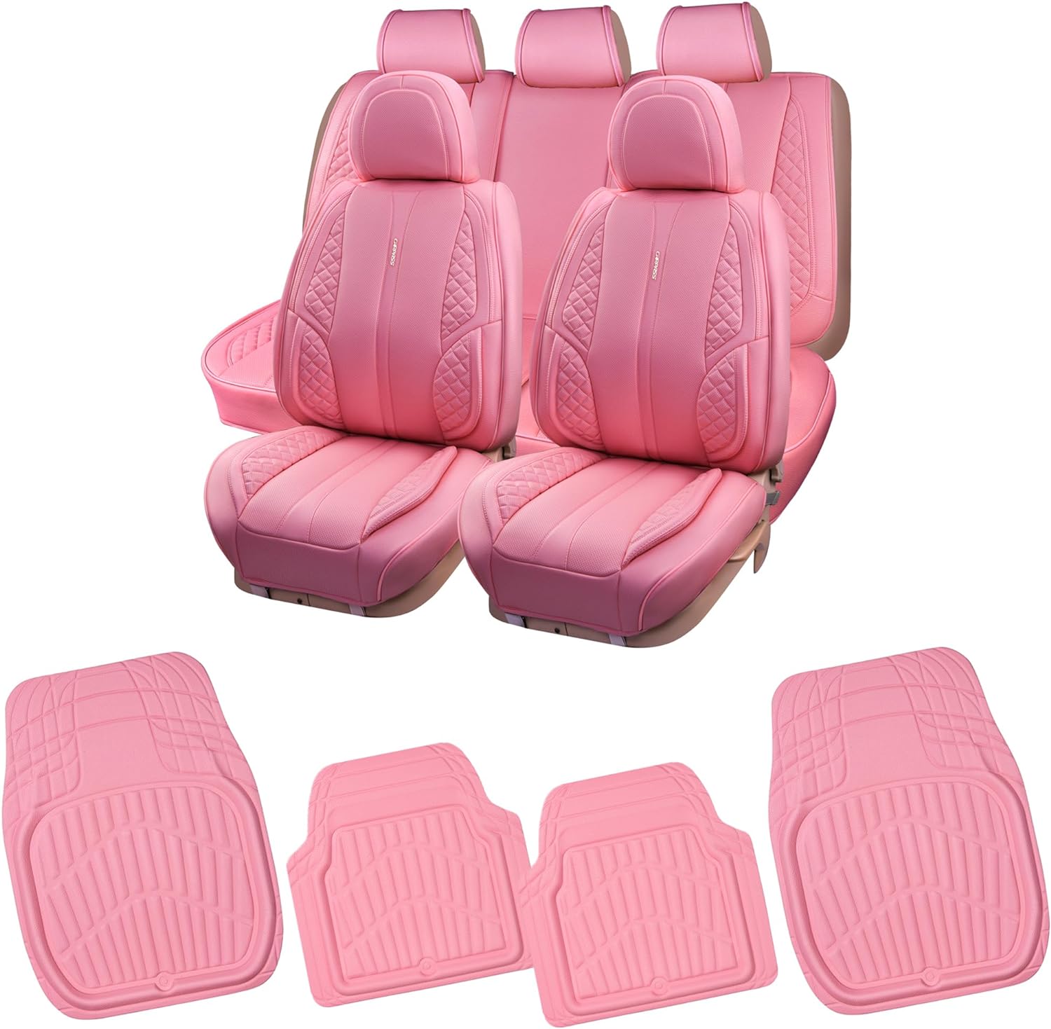 Pink Full Set Car Seat Cover Front Rear Seat Cushion Mat Polyester Fabric