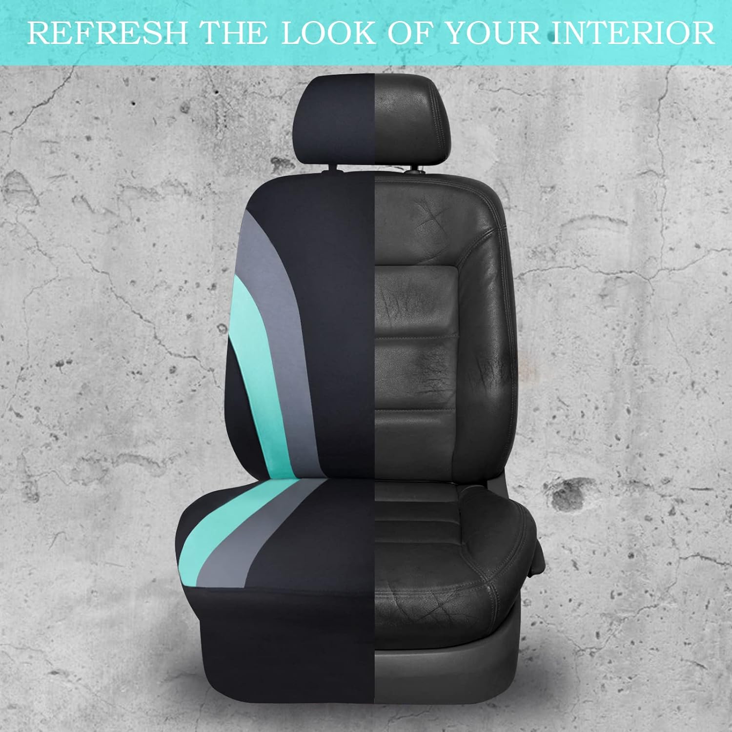 CAR PASS Line Rider Sporty Steering Wheel Cover and Car Seat Cover Sets. 11PCS Universal Fit Car Seat Cover with 14.5-15 Inch Steering Wheel Cover.(Black and Mint)