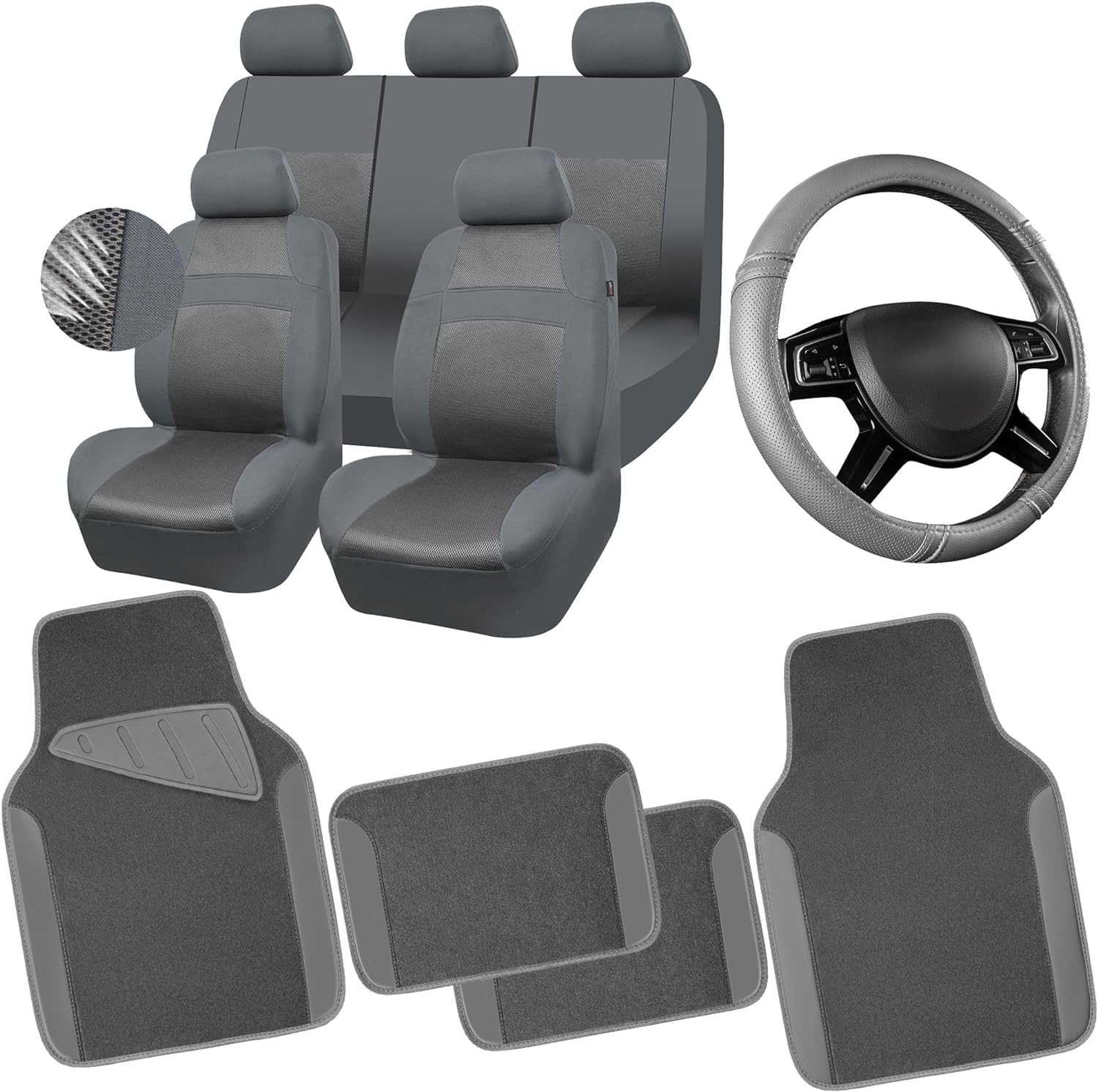 CAR PASS Seat Cover Full Sets and car mats & Steering Wheel Covers, 3D Air Mesh Car Seat Cover with 5mm Composite Sponge Inside,Airbag Compatible Universal Fit for SUV,Vans,sedans, Trucks, (Gray)