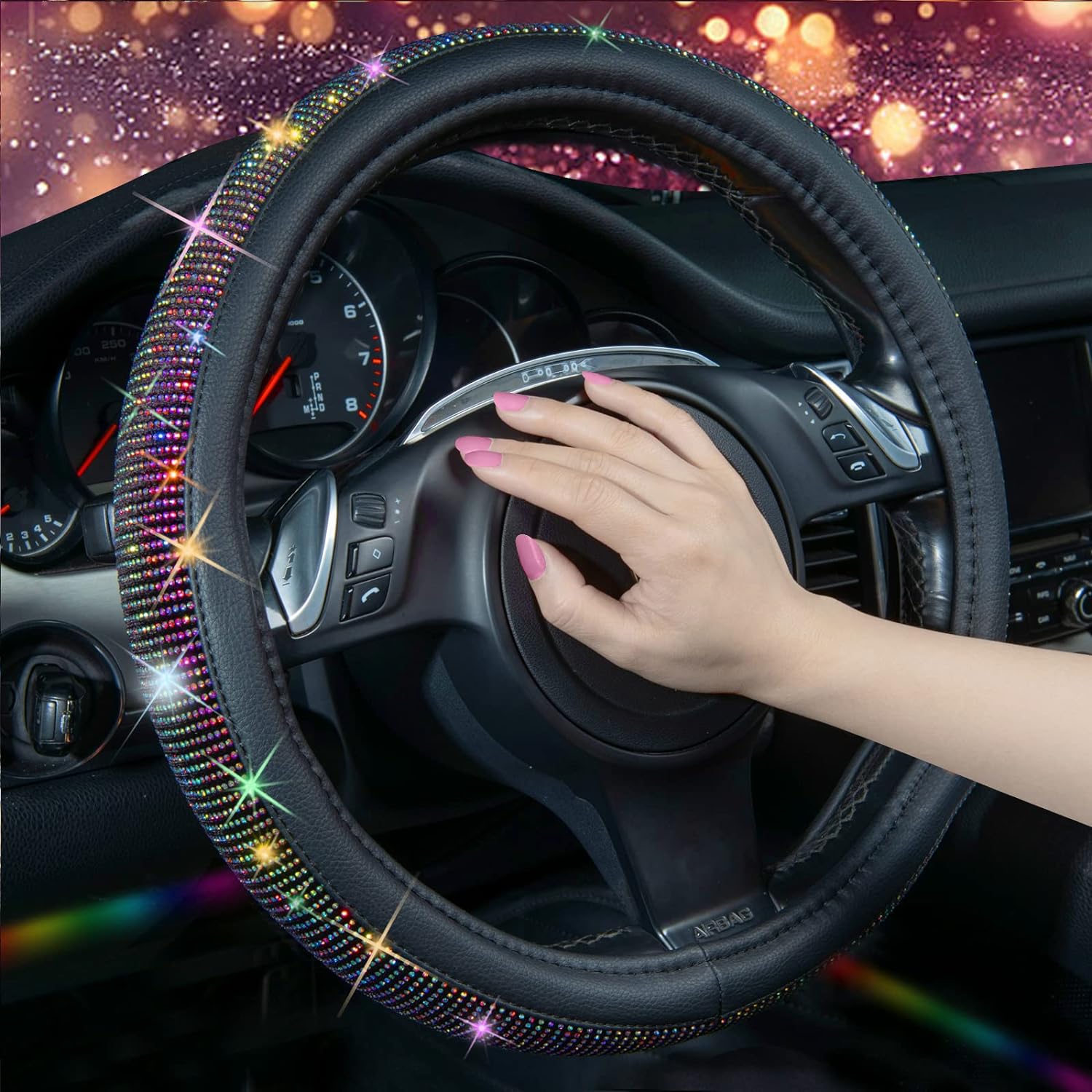 CAR PASS Diamond Leather Steering Wheel Cover & Iridescent Diamond &Na –  Car Pass