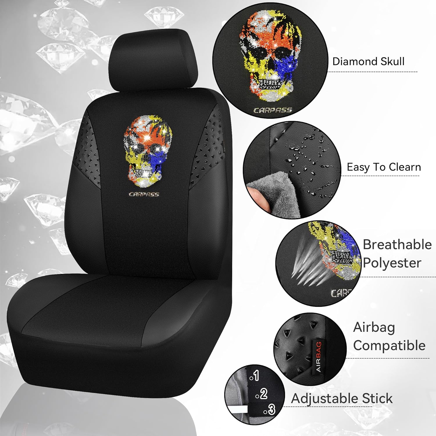 CAR PASS® Bling Rhinestone Leather & Gaberdine Fabric Car Seat Cover Front Seats Only Skull Skeleton Punk Glitter Crystal, Universal Fit for SUVs,Vans,Coupe,Trucks(2 Piece Black Multicolor Diamond)