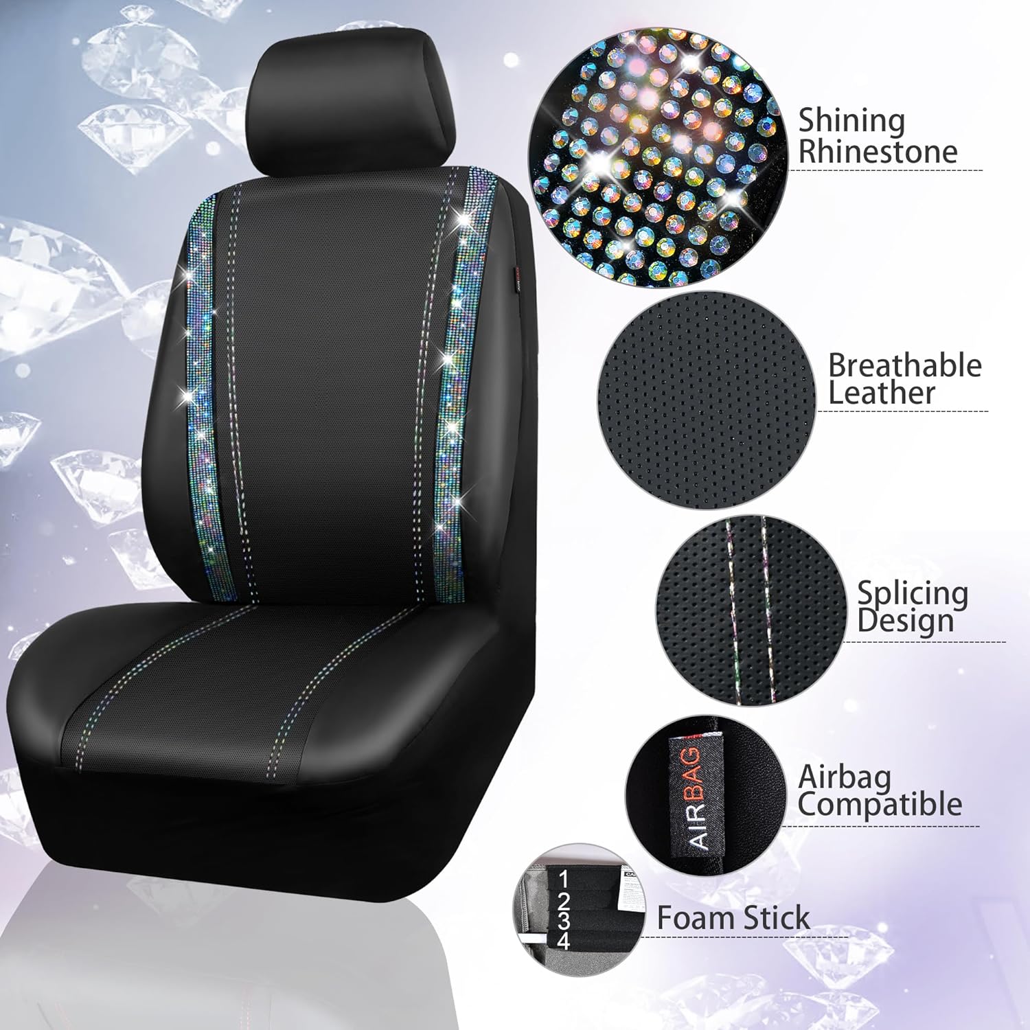 CAR PASS Leather Diamond Bling Car Seat Cover 2 Front Interior Sets, Waterproof Universal Shining Glitter Crystal Sparkle Fit for 95% Automotive Truck SUV Cute Women Girl