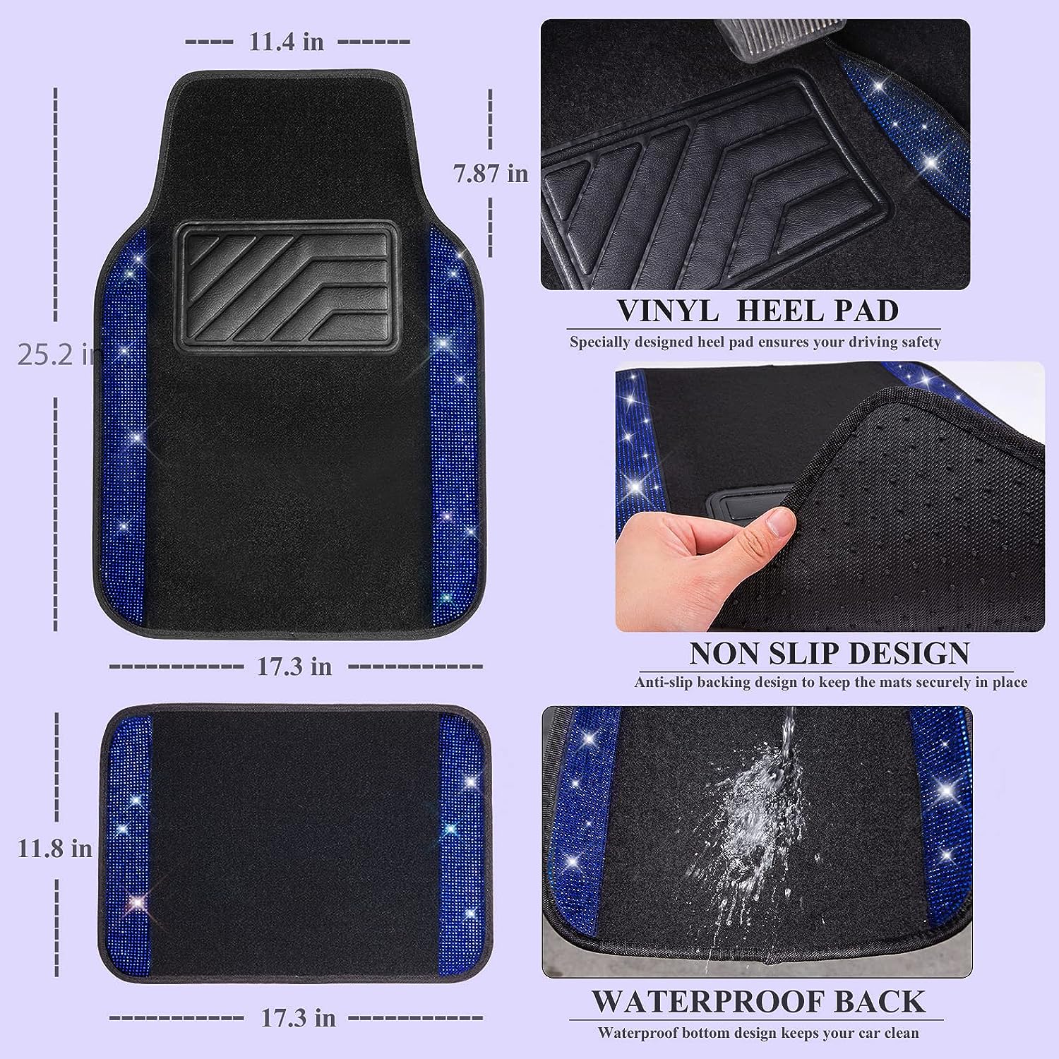 CAR PASS Bling Diamond Car Floor Mats, Shining Rhinestone Carpet Sparkly Glitter Crystal with Anti-Slip PVC Heel Pad Waterproof Universal Fit Automotive SUV,Sedan,Van,Cute Girl Women,4pcs