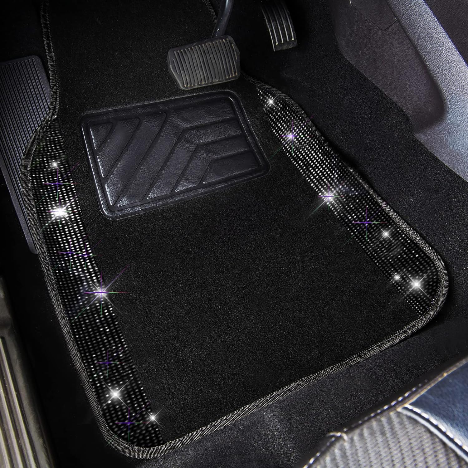 CAR PASS Bling Diamond Car Floor Mats, Shining Rhinestone Carpet Sparkly Glitter Crystal with Anti-Slip PVC Heel Pad Waterproof Universal Fit Automotive SUV,Sedan,Van,Cute Girl Women,4pcs