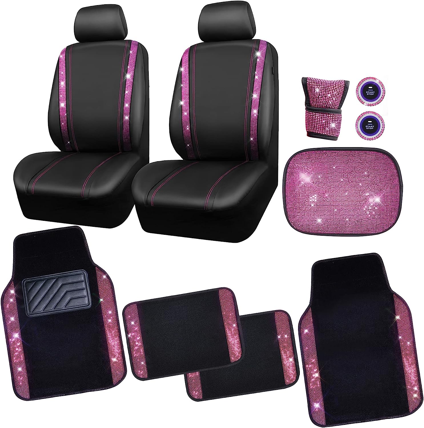CAR PASS® Rhinestone Bling Car Seat Covers Leather &Shining Diamond Floor mats Carpet Waterproof Anti-Slip Nibs& Bling Accessories Interior Sets for Women Silver Glitter White Crystal Sparkly