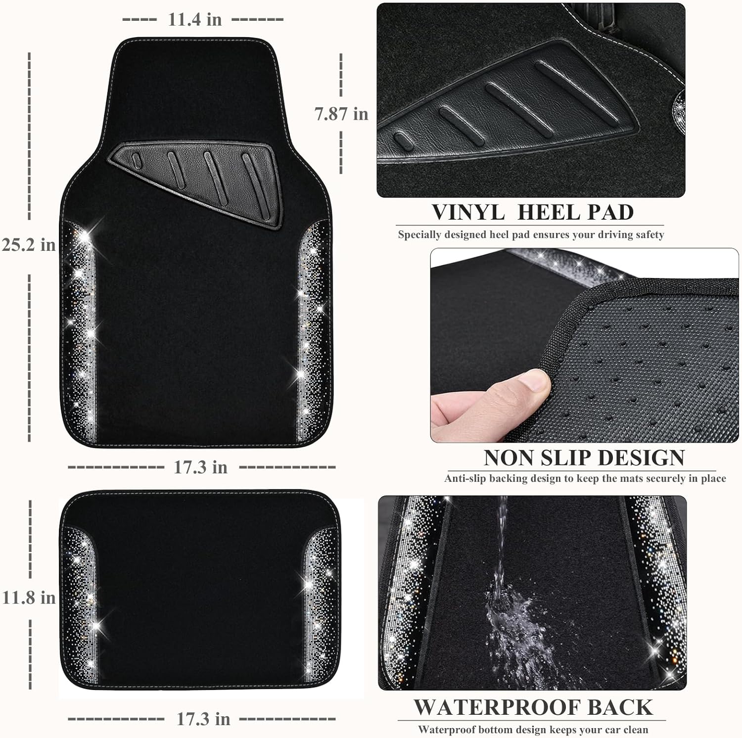 CAR PASS Bling Diamond Car Floor Mats, Shining Rhinestone Carpet Sparkly Glitter Crystal with Anti-Slip PVC Heel Pad Waterproof Universal Fit Automotive SUV,Sedan,Van,Cute Girl Women,4pcs