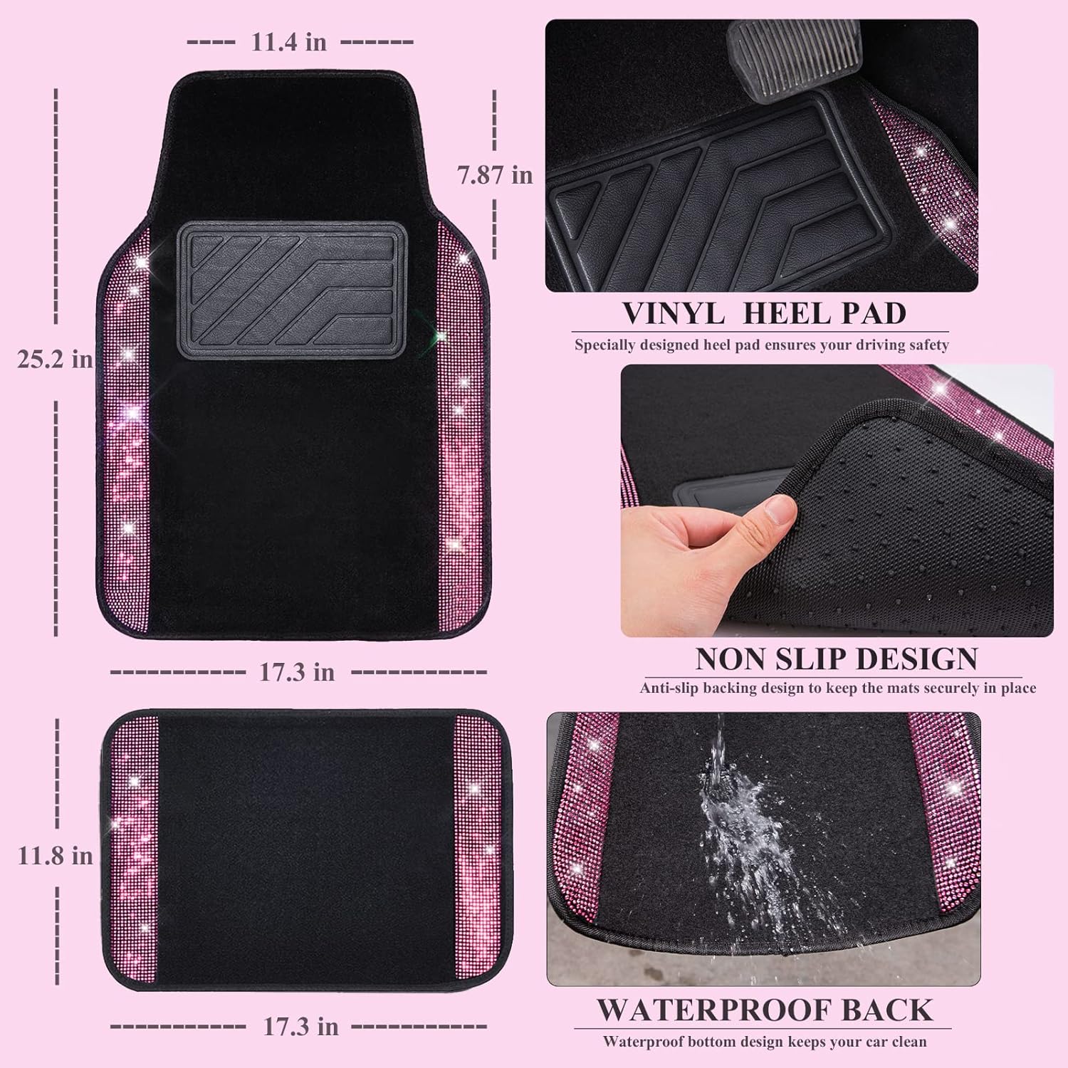 CAR PASS Bling Diamond Car Floor Mats, Shining Rhinestone Carpet Sparkly Glitter Crystal with Anti-Slip PVC Heel Pad Waterproof Universal Fit Automotive SUV,Sedan,Van,Cute Girl Women,4pcs