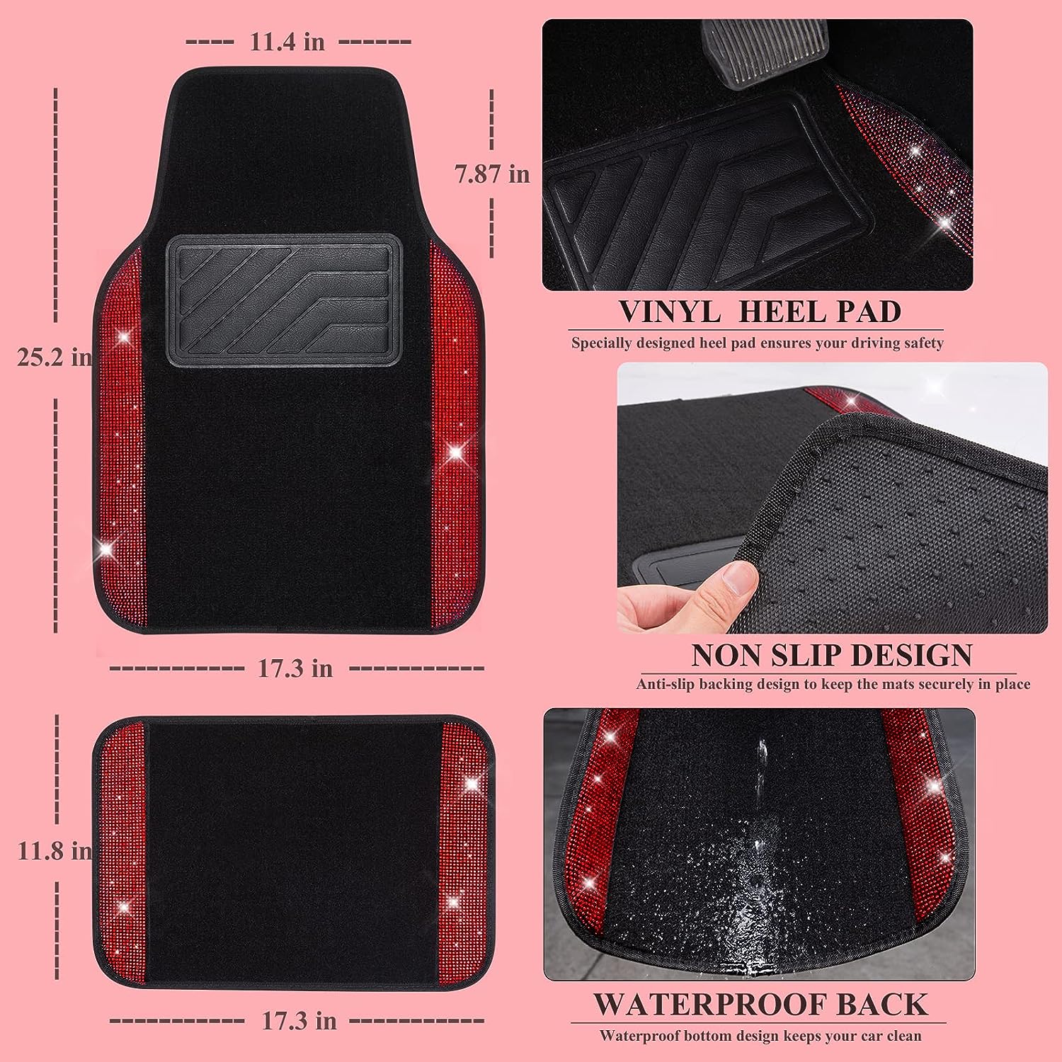 CAR PASS Bling Diamond Car Floor Mats, Shining Rhinestone Carpet Sparkly Glitter Crystal with Anti-Slip PVC Heel Pad Waterproof Universal Fit Automotive SUV,Sedan,Van,Cute Girl Women,4pcs