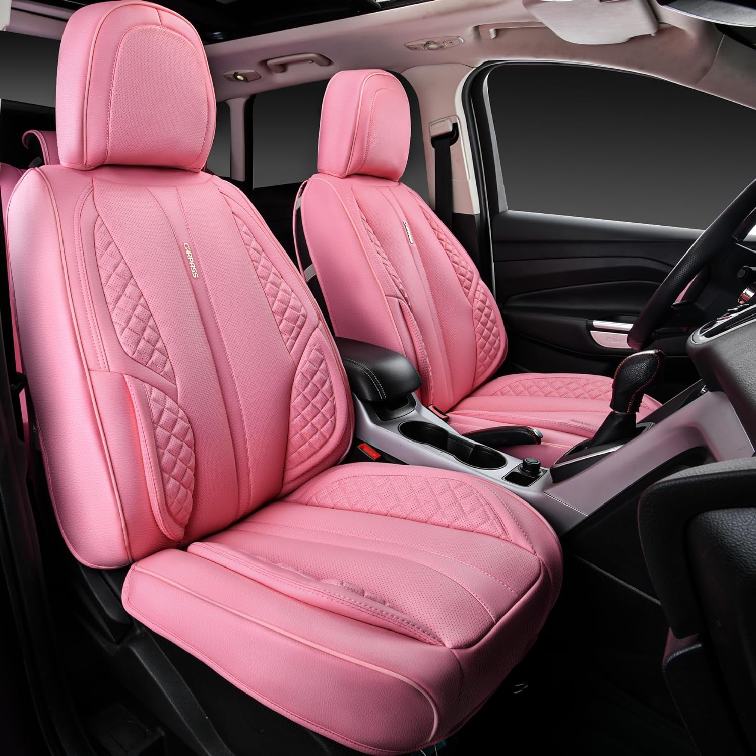 CAR PASS Nappa Pink Leather Car Seat Covers Full Set Cute for Women Waterproof Cushioned budle with 3D Waterproof Leather Car Floor Mats (Pink)