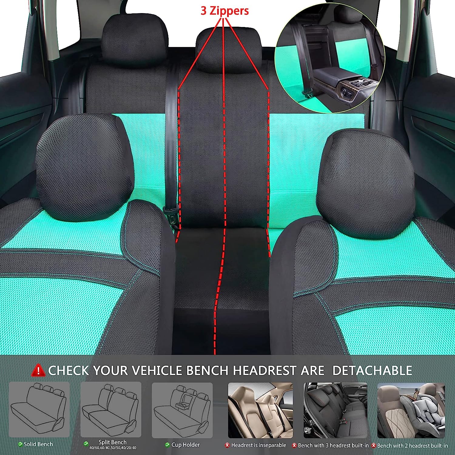 CAR PASS Universal 13PCS 3D Air Mesh-100% Breathable Seat Covers Full Sets#Steering Wheel&Belt Cover #Airbag and Rear Split Bench Compatible#for 90% Automotive SUV Truck Cute Women Black Mint