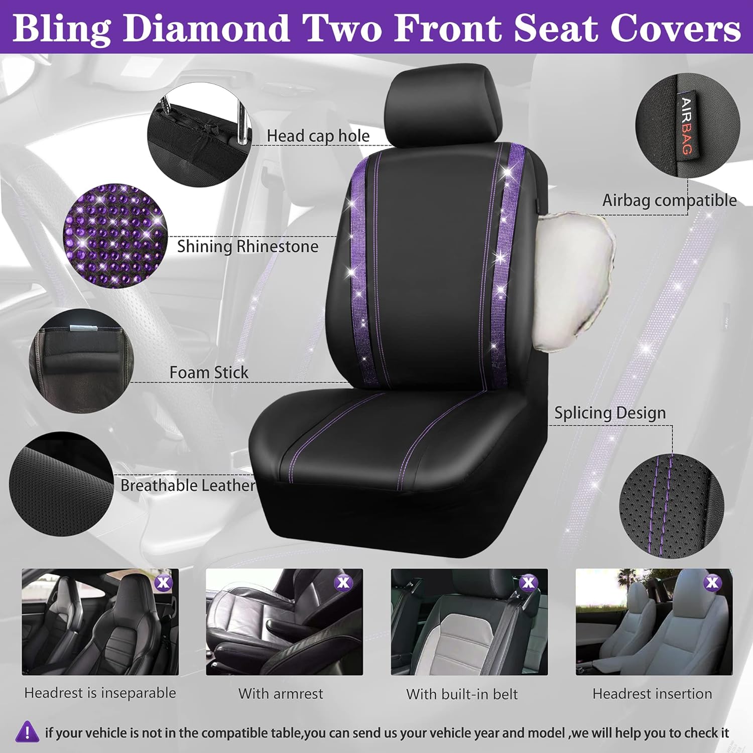 CAR PASS® Rhinestone Bling Car Seat Covers Leather &Shining Diamond Floor mats Carpet Waterproof Anti-Slip Nibs& Bling Accessories Interior Sets for Women Silver Glitter White Crystal Sparkly
