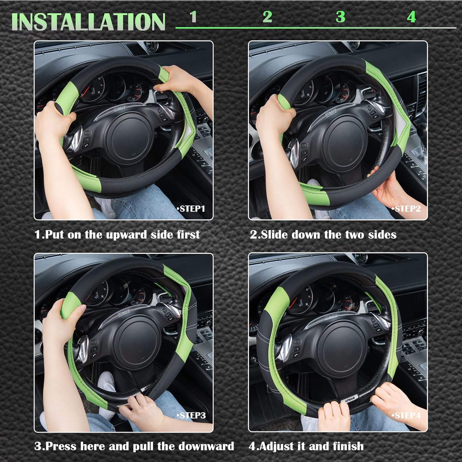 CAR PASS Steering Wheel Cover and Heavy Duty Leather Seat Cover Combo, Waterproof Automotive Seat Cover Fit for Most Sedans, SUV, Pick-Up, Truck.Black and Green