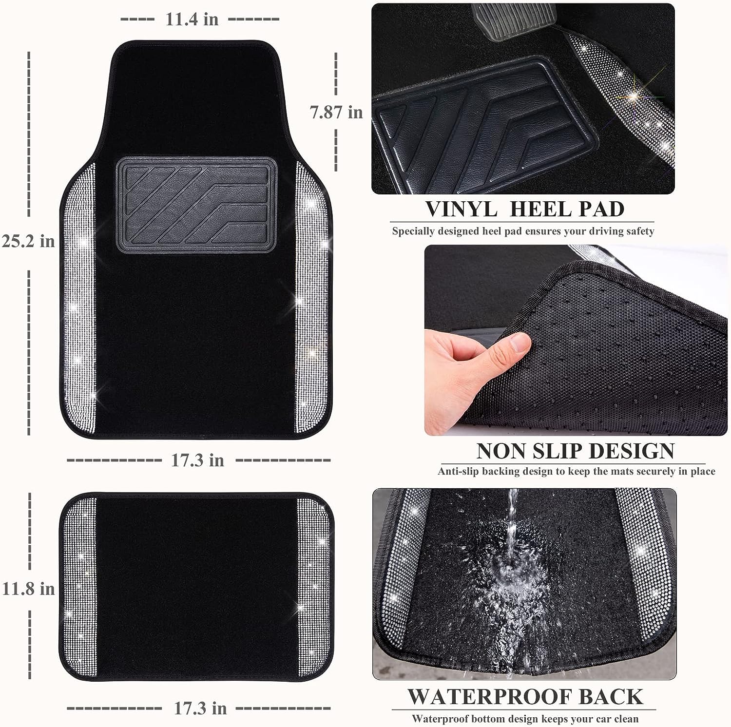 CAR PASS Bling Diamond Car Floor Mats, Shining Rhinestone Carpet Sparkly Glitter Crystal with Anti-Slip PVC Heel Pad Waterproof Universal Fit Automotive SUV,Sedan,Van,Cute Girl Women,4pcs