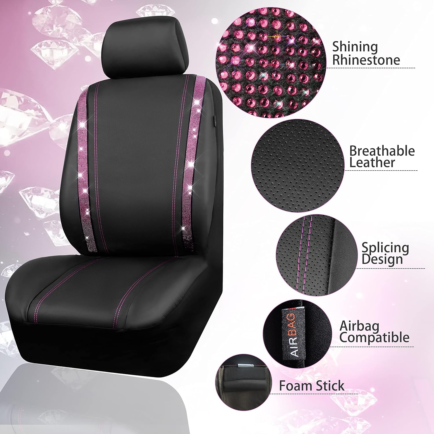 CAR PASS Bling Diamond Car Floor Mats & Car Steering Wheel Cover & Car Seat Cover Two Front Seats